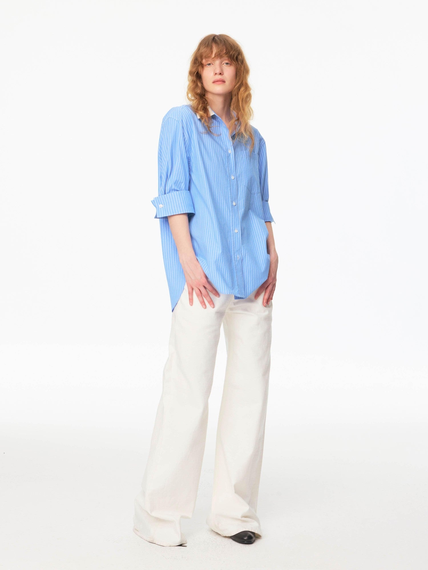 Northbutsouth Blue White Contrast Collar Fine Stripe Mid Sleeve Loose Women&