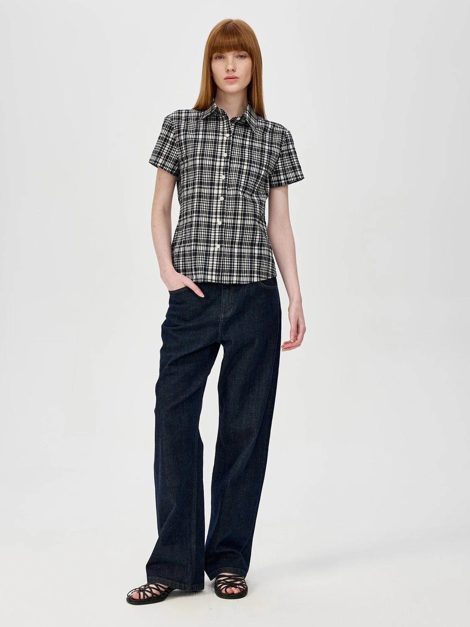 Classic Black And White Check Texture Short Sleeve Shirt And Jumper Set