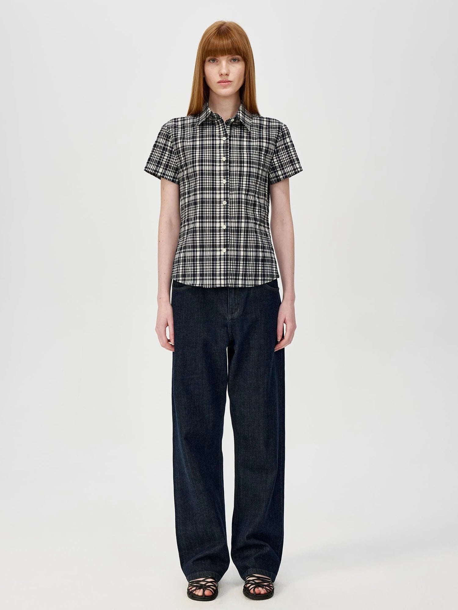 Classic Black And White Check Texture Short Sleeve Shirt And Jumper Set