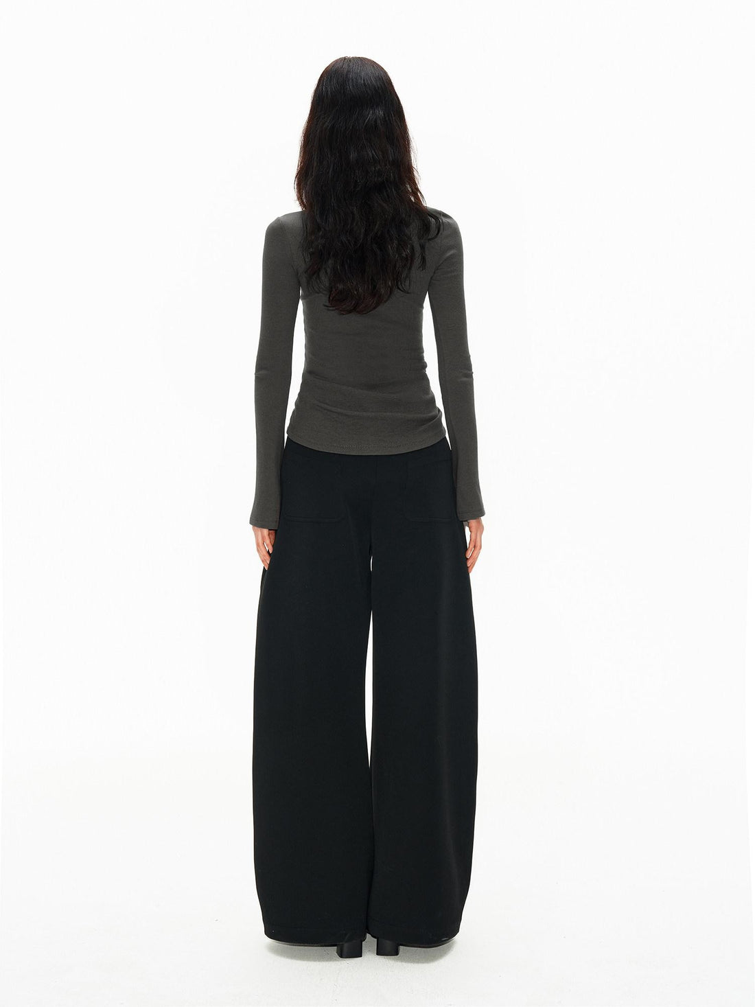 Northbutsouth Classic Black Grey Pleatless Curved Cut Low Rise Women&