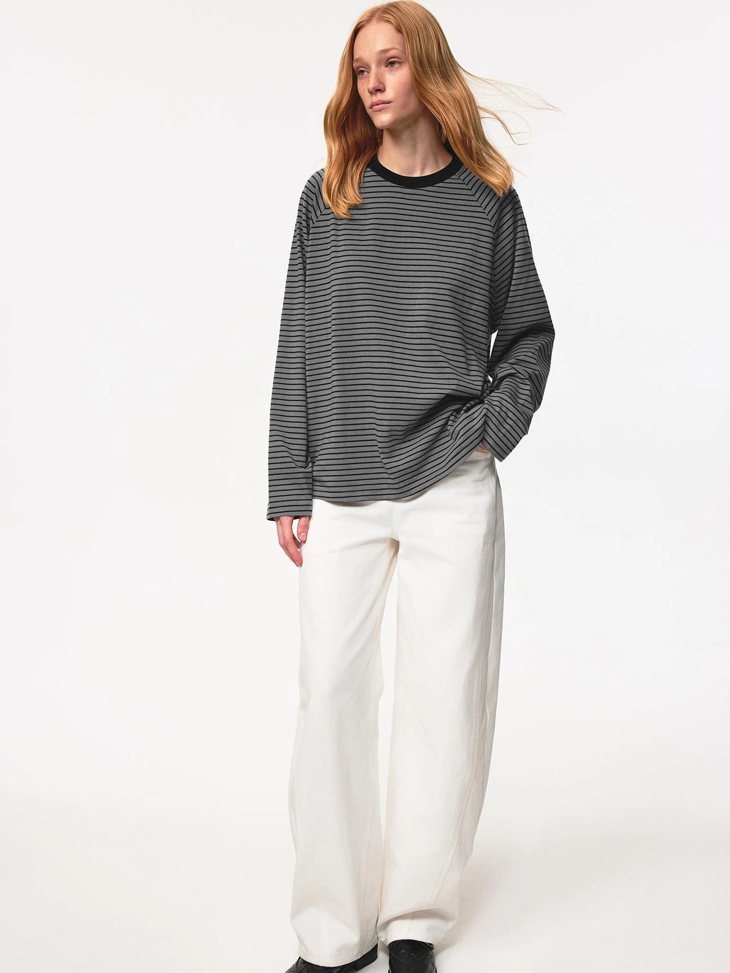 Classic Crew Neck Raglan Sleeve Striped Relaxed Fit T Shirt