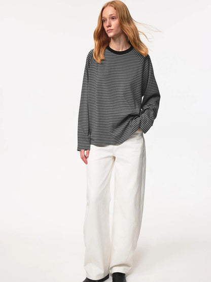 Classic Crew Neck Raglan Sleeve Striped Relaxed Fit T Shirt