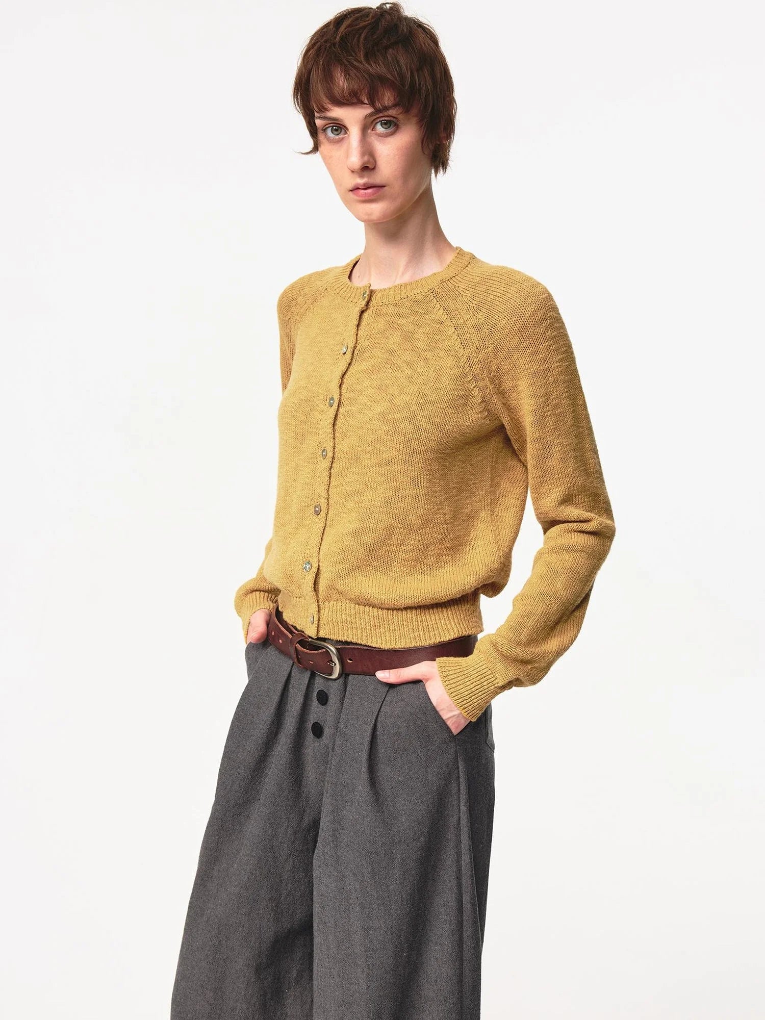 Classic Crewneck Textured Raglan Sweater Cardigan