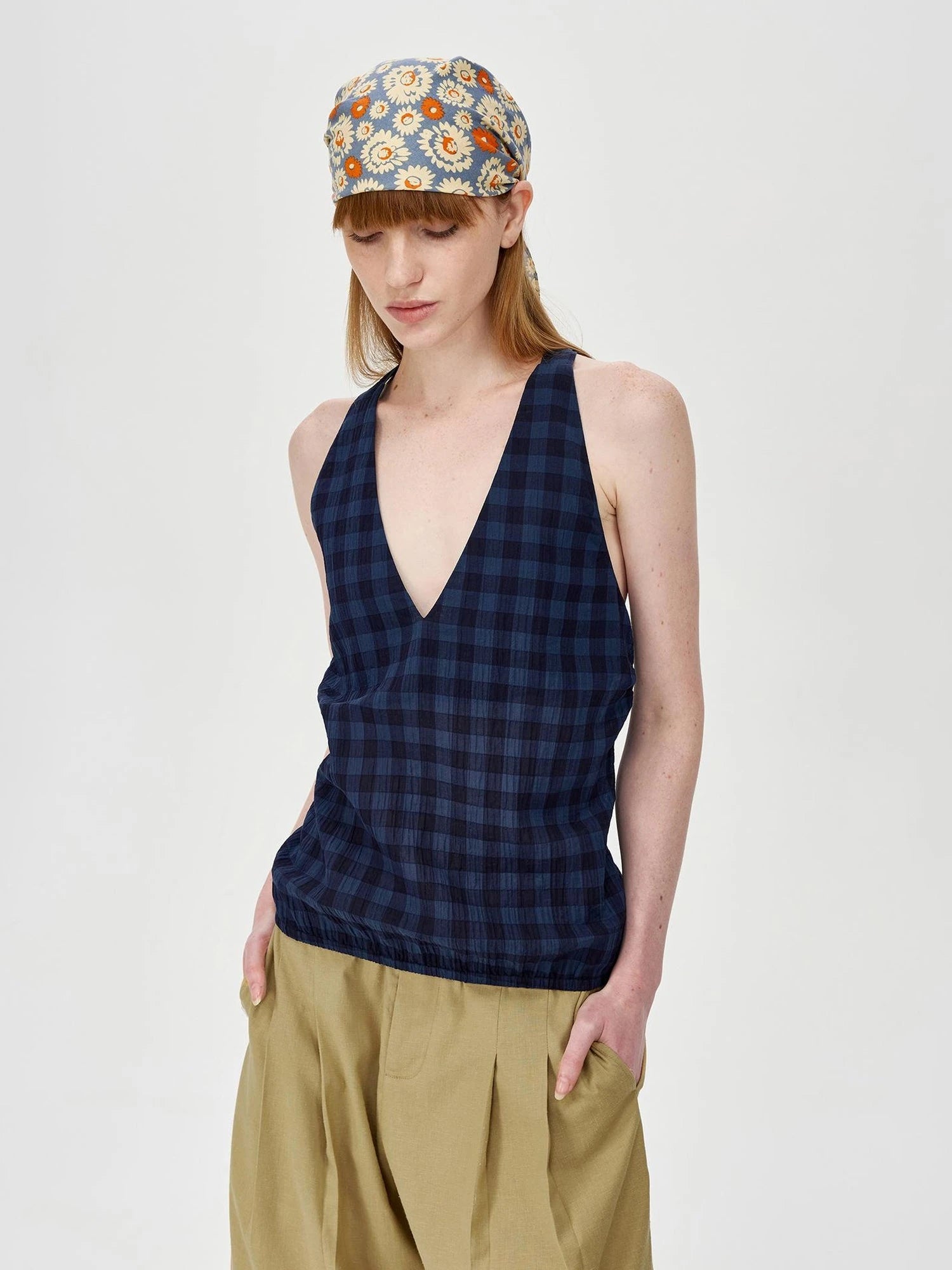 Classic Plaid Deep V Back Tie Halter Top