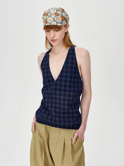 Classic Plaid Deep V Back Tie Halter Top