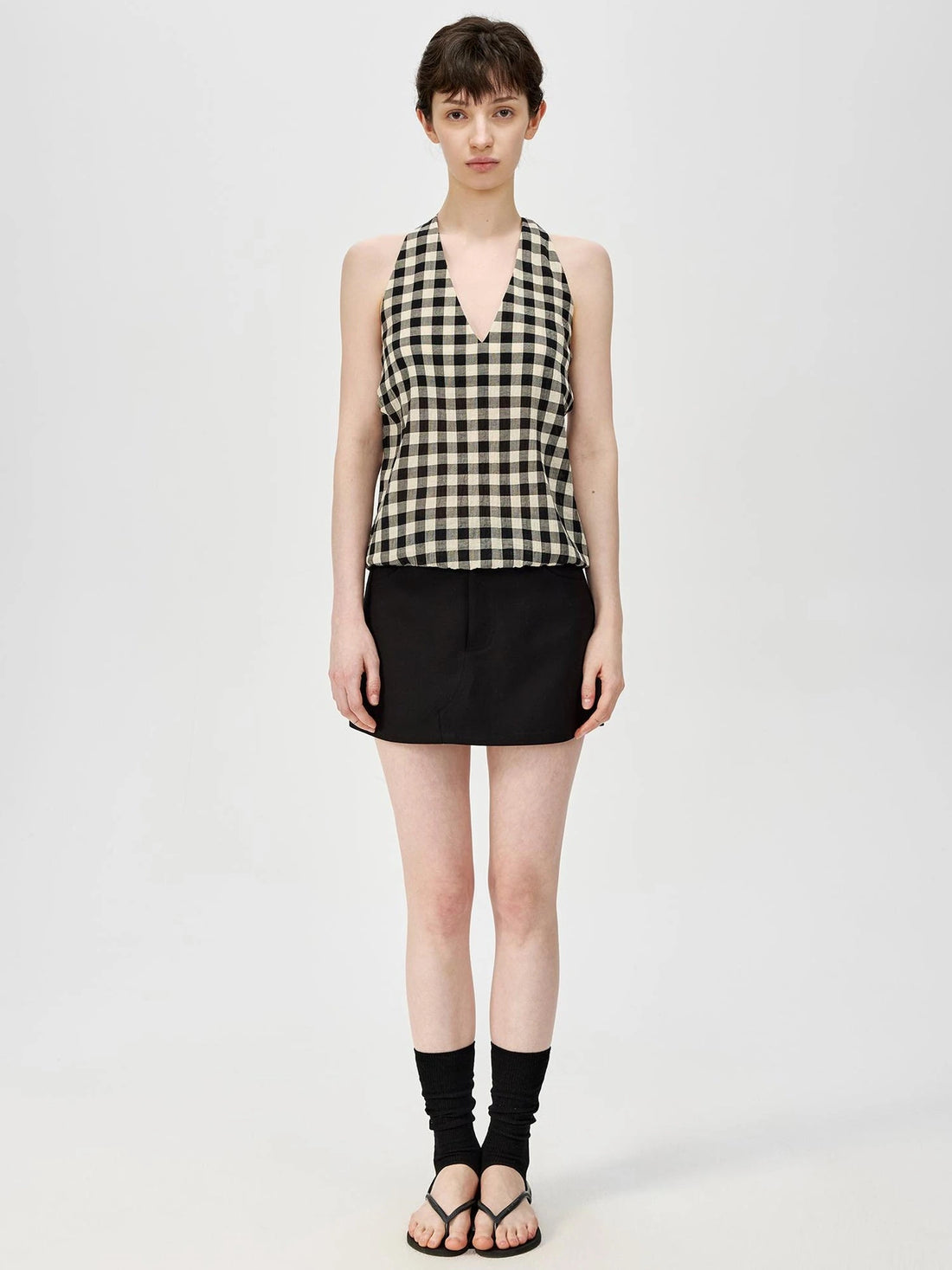 Classic Plaid Halter Tie Back Deep V Backless Top