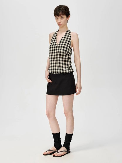 Classic Plaid Halter Tie Back Deep V Backless Top