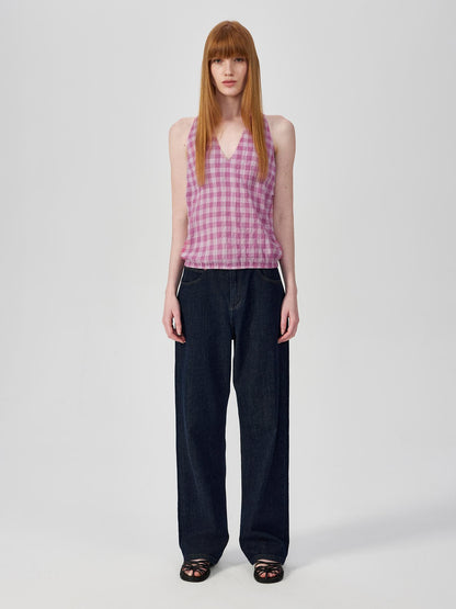 Northbutsouth Classic Plaid Halter Tie Back Deep V Backless Top