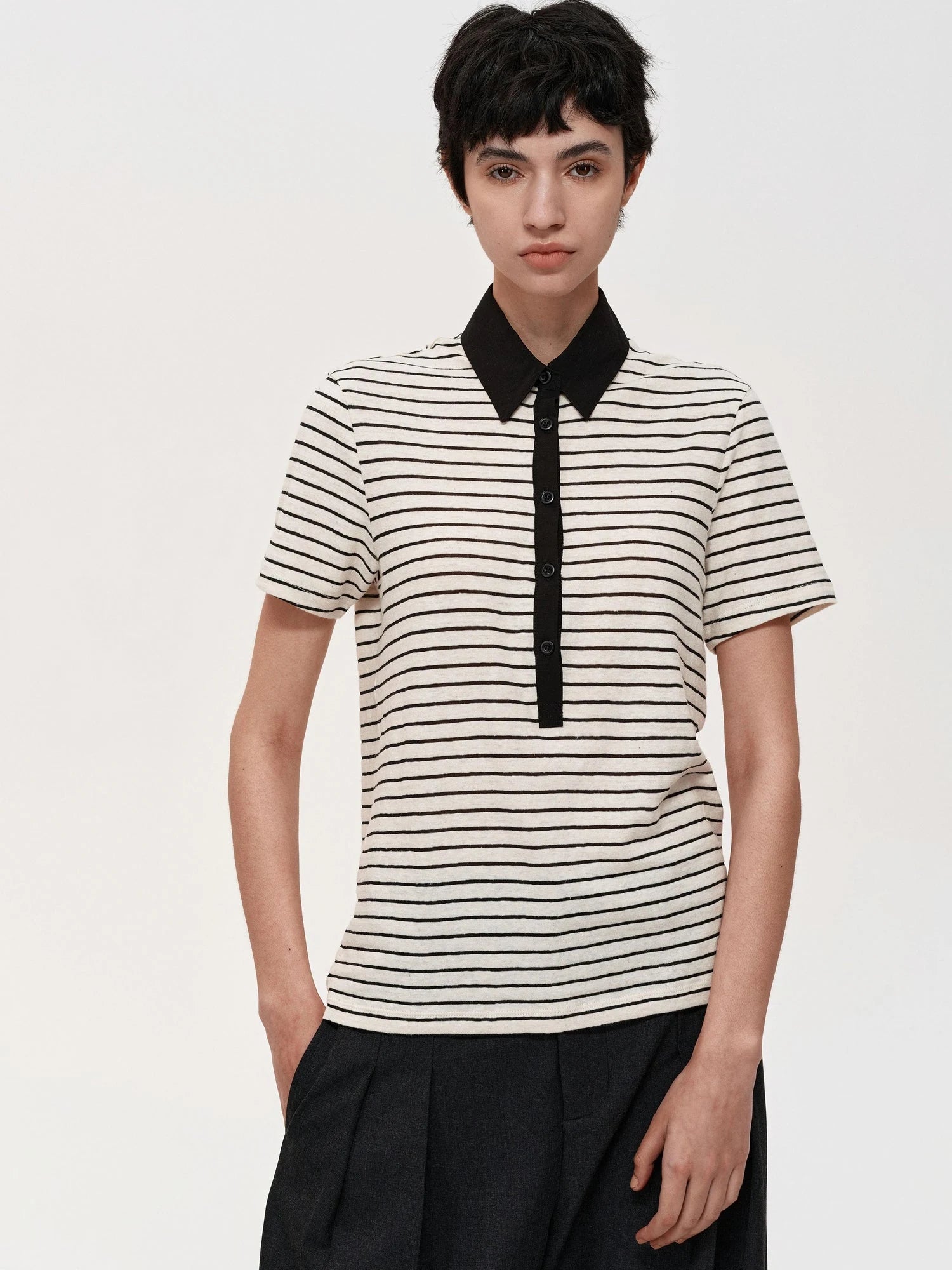 Classic Stripe Polo Collar Relaxed Fit Casual T-shirt