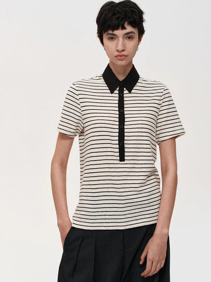 Classic Stripe Polo Collar Relaxed Fit Casual T-shirt