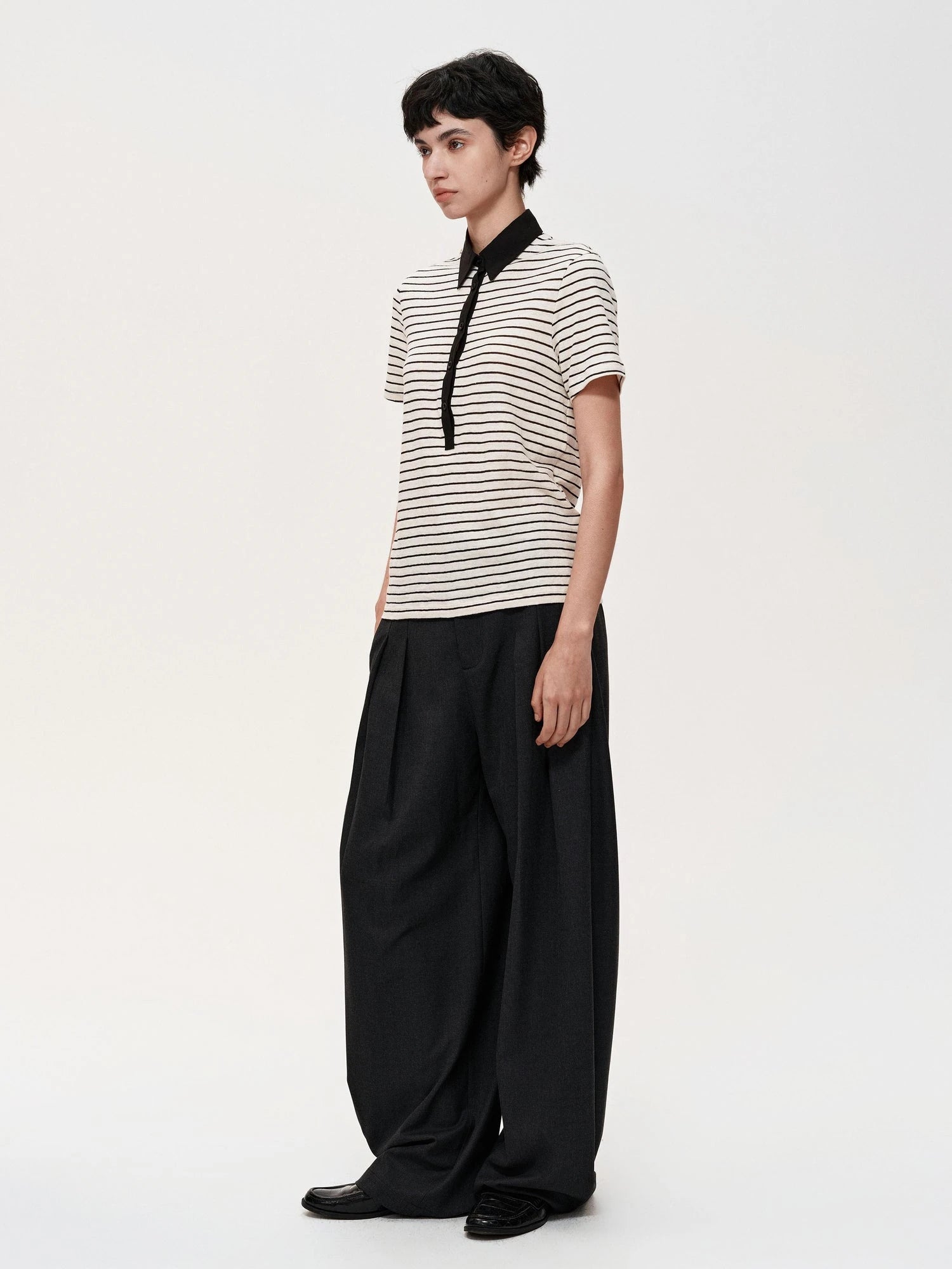 Classic Stripe Polo Collar Relaxed Fit Casual T-shirt