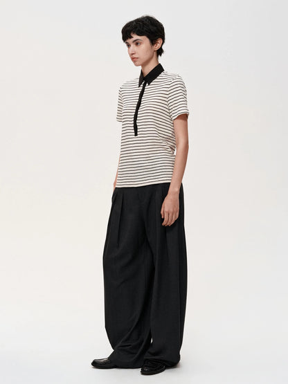 Classic Stripe Polo Collar Relaxed Fit Casual T-shirt