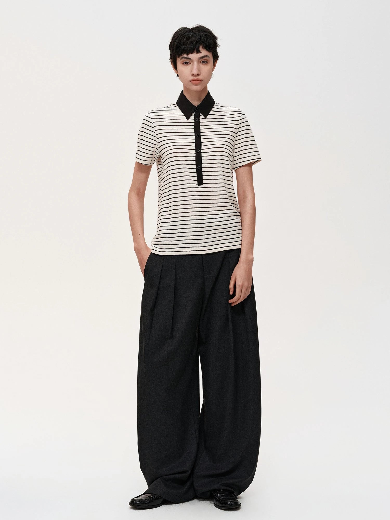 Classic Stripe Polo Collar Relaxed Fit Casual T-shirt