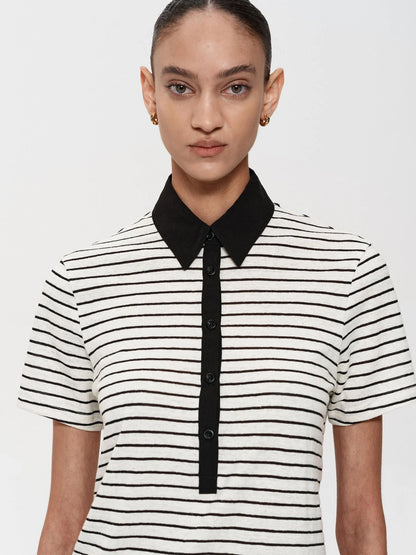 Classic Stripe Polo Collar Relaxed Fit Casual T-shirt