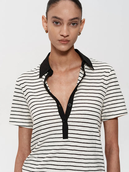 Classic Stripe Polo Collar Relaxed Fit Casual T-shirt