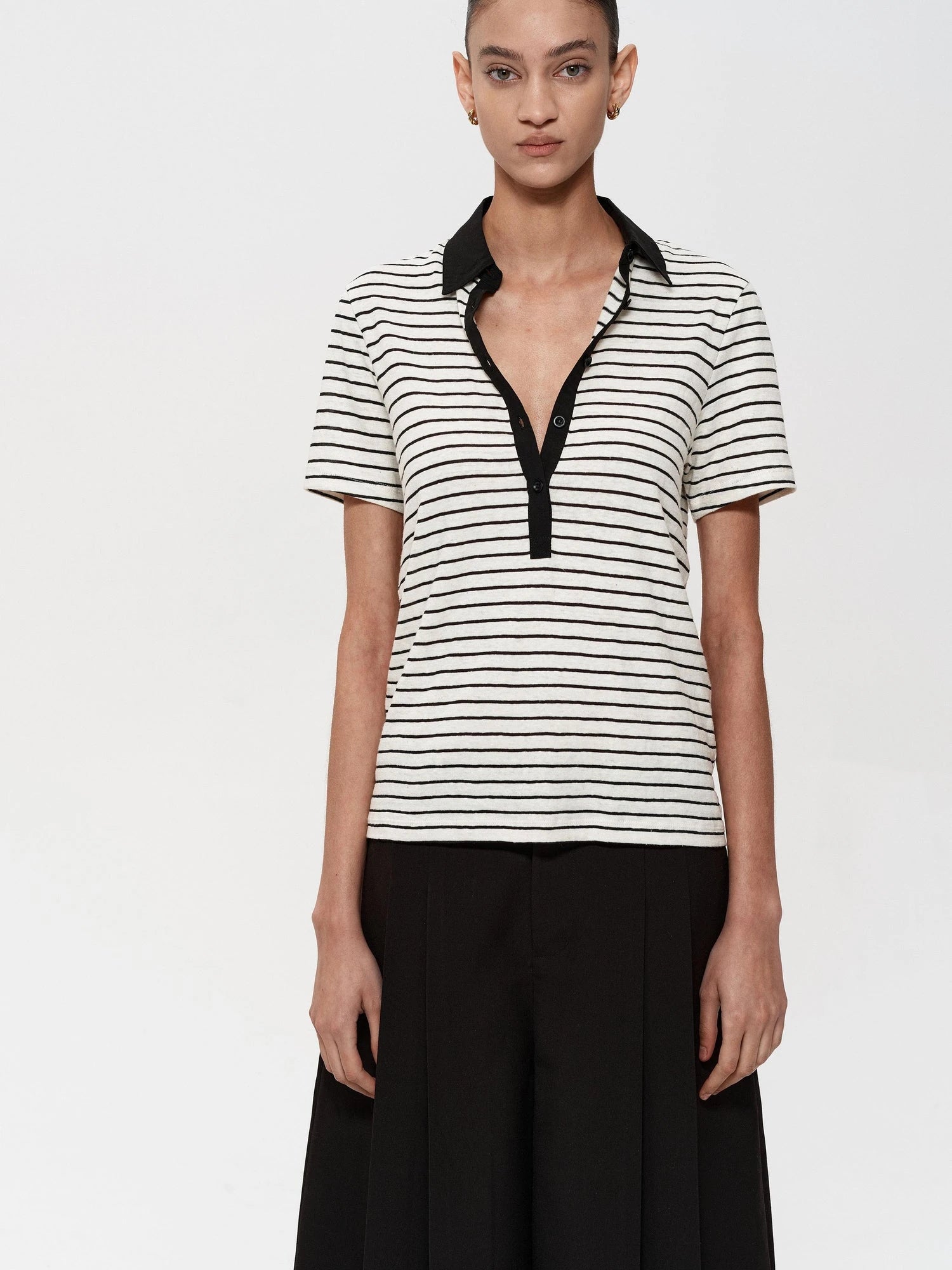 Classic Stripe Polo Collar Relaxed Fit Casual T-shirt