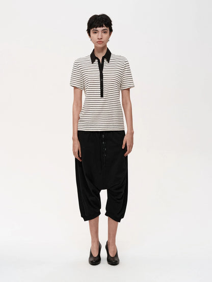 Classic Stripe Polo Collar Relaxed Fit Casual T-shirt