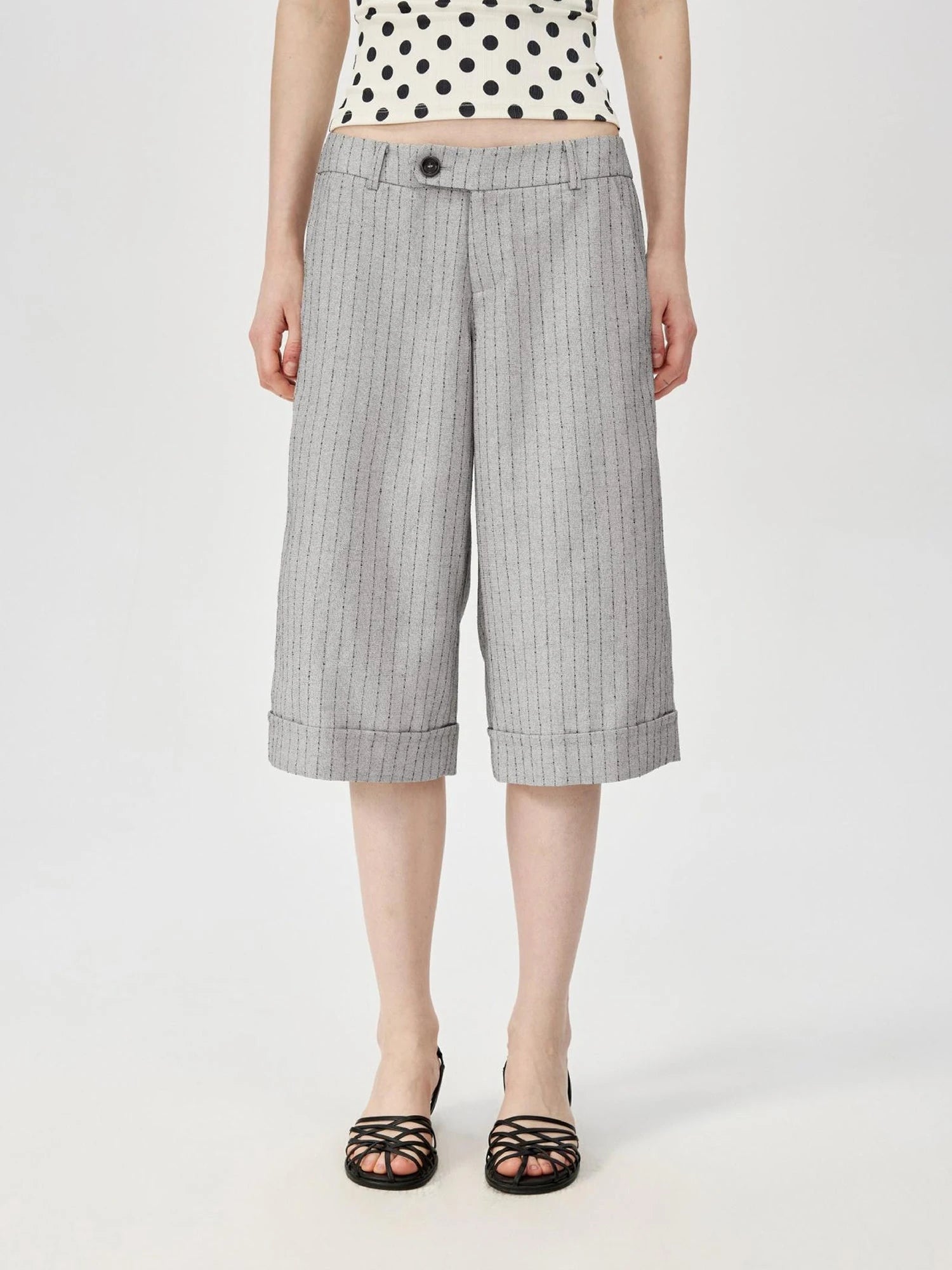 Classic Striped Cuffed Cropped Casual Trousers