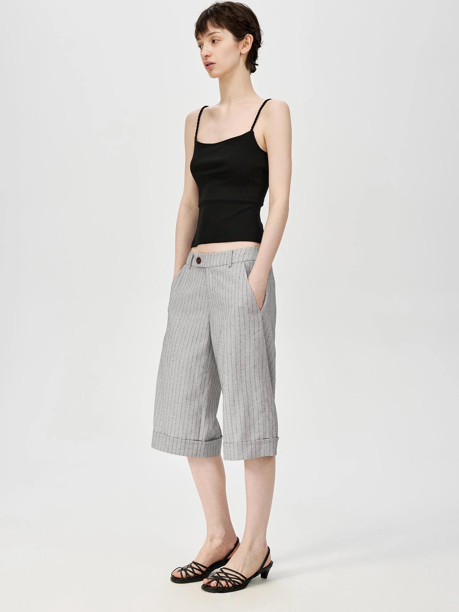 Classic Striped Cuffed Cropped Casual Trousers