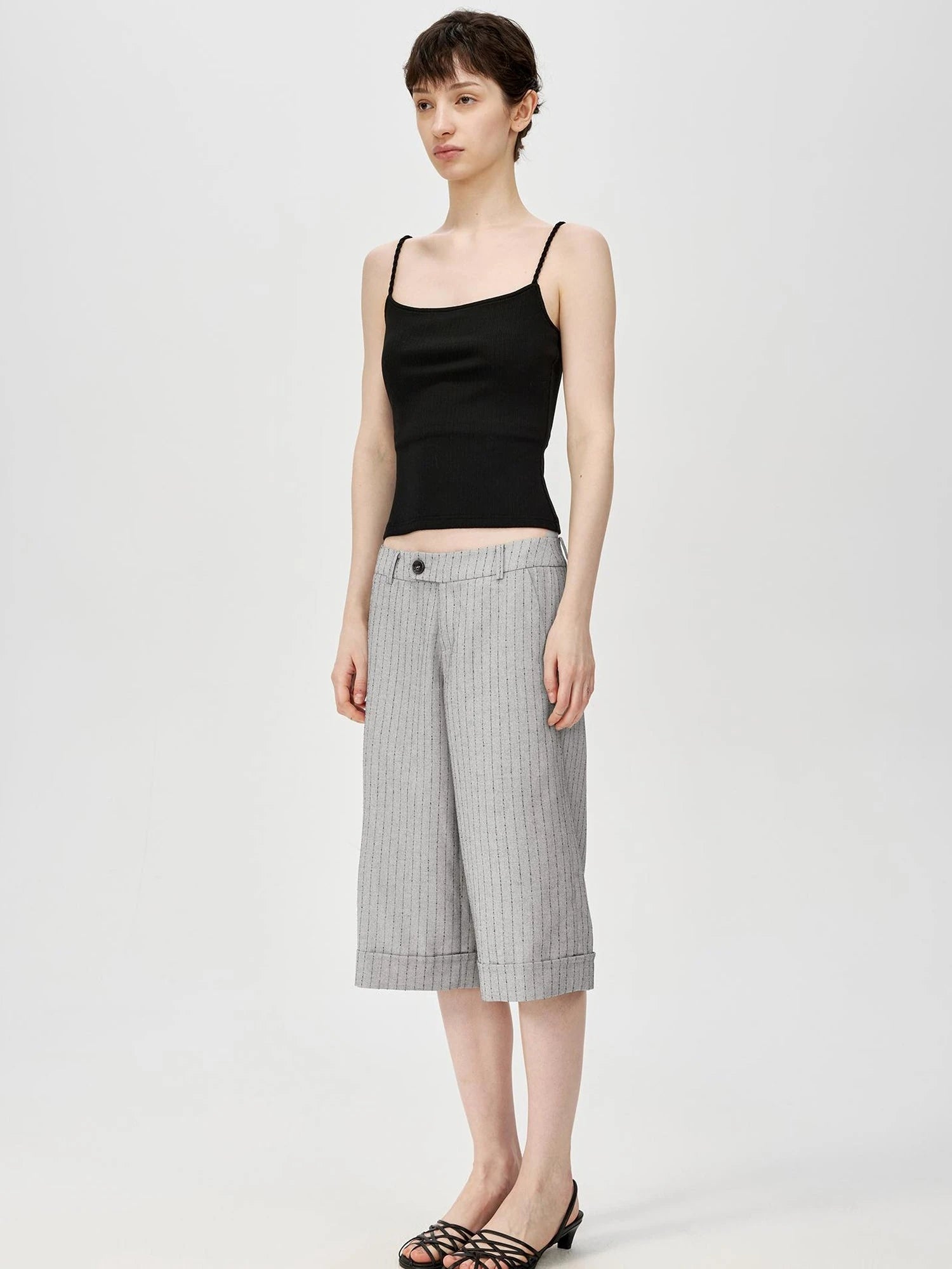 Classic Striped Cuffed Cropped Casual Trousers