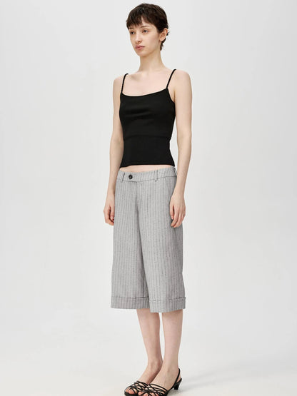 Classic Striped Cuffed Cropped Casual Trousers