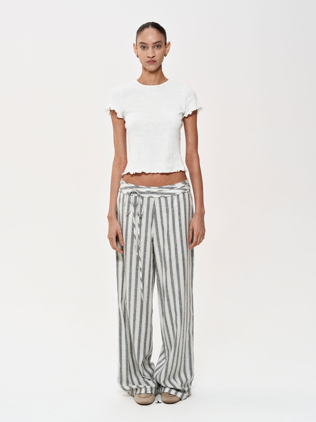 Northbutsouth Classic Striped Hemp Tencel Drawstring Waist Resort Trousers