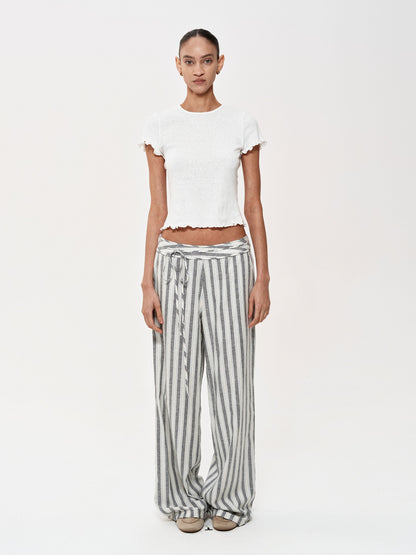 Northbutsouth Classic Striped Hemp Tencel Drawstring Waist Resort Trousers