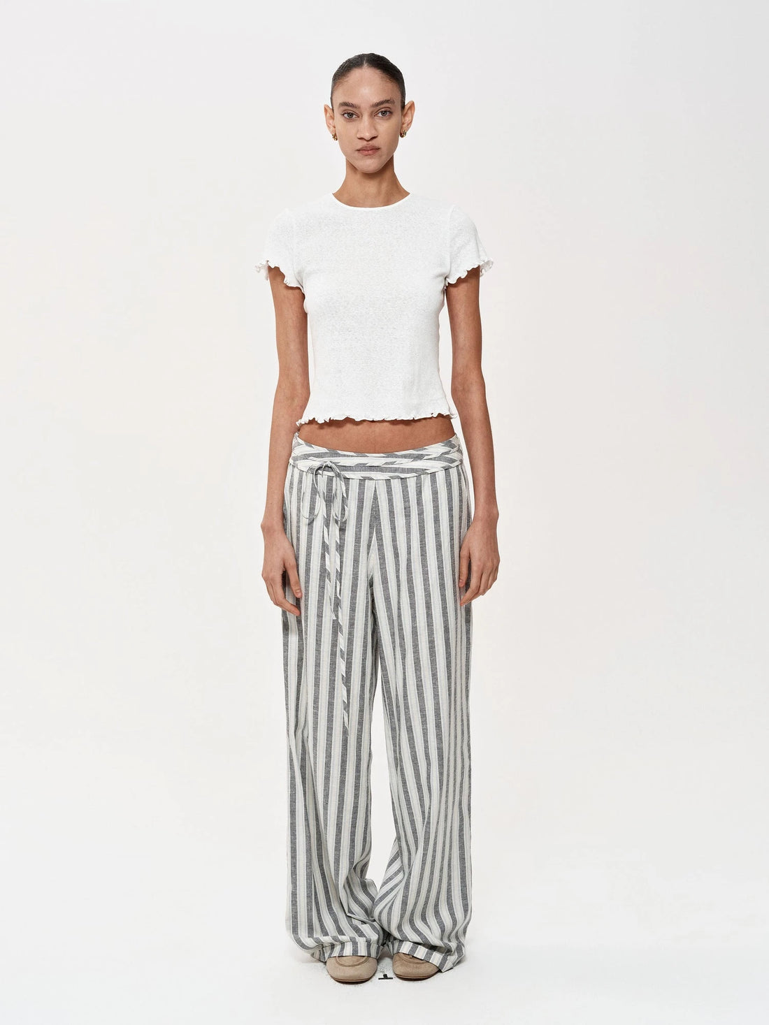 Classic Striped Hemp Tencel Drawstring Waist Resort Trousers