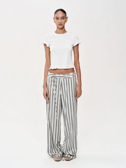 Classic Striped Hemp Tencel Drawstring Waist Resort Trousers