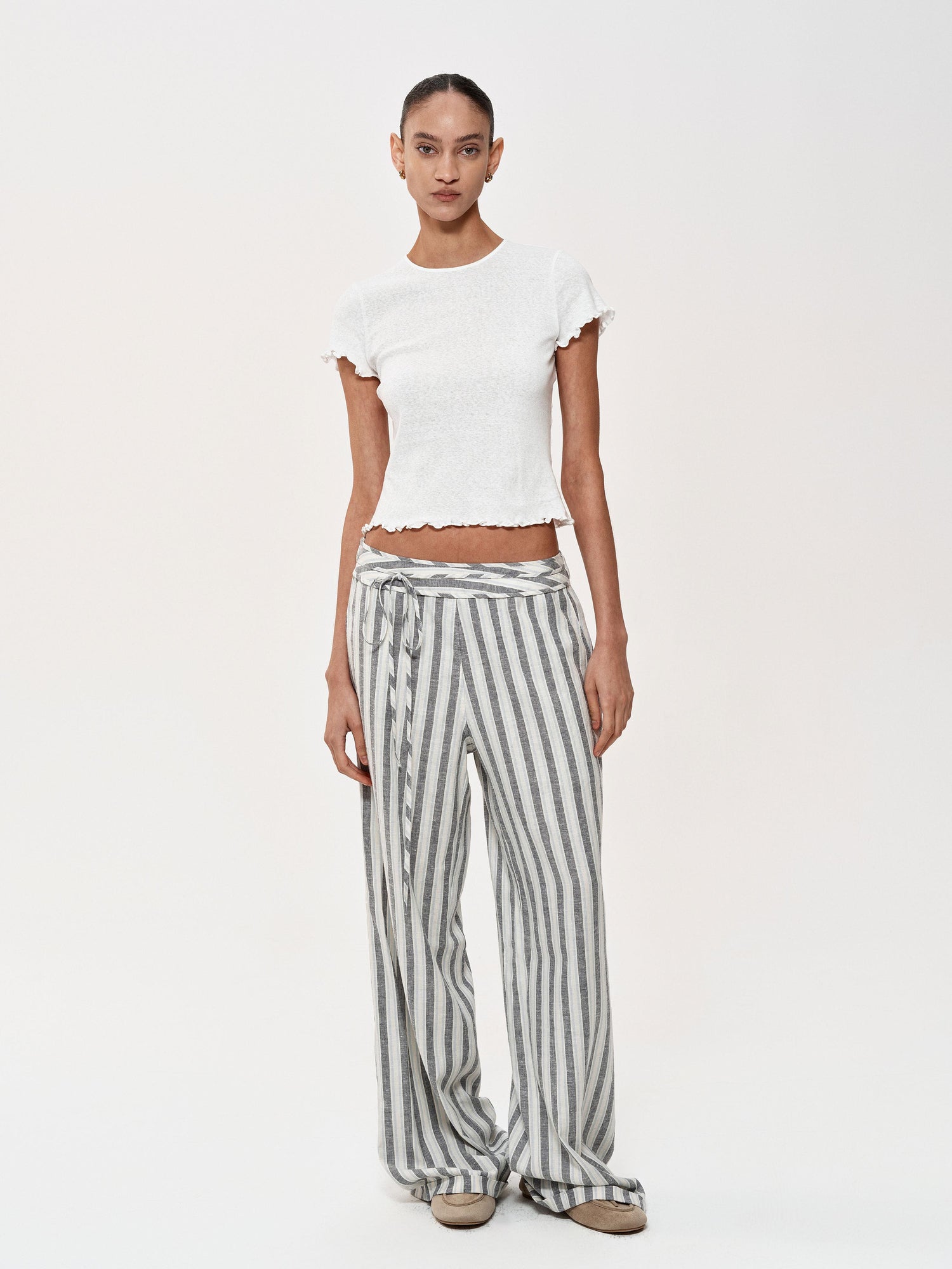 Northbutsouth Classic Striped Hemp Tencel Drawstring Waist Resort Trousers