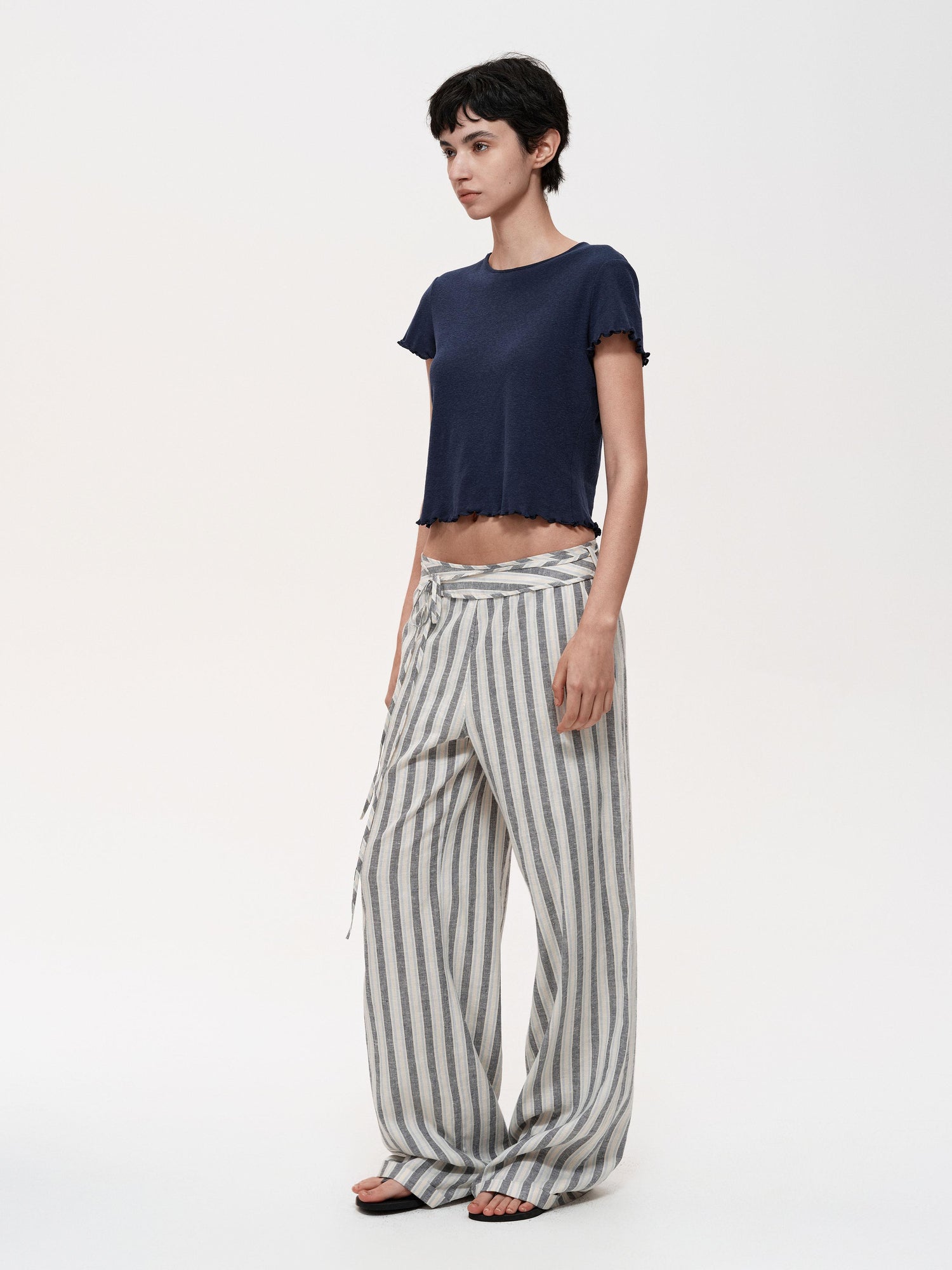 Northbutsouth Classic Striped Hemp Tencel Drawstring Waist Resort Trousers