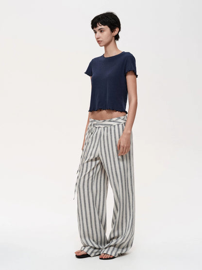 Classic Striped Hemp Tencel Drawstring Waist Resort Trousers