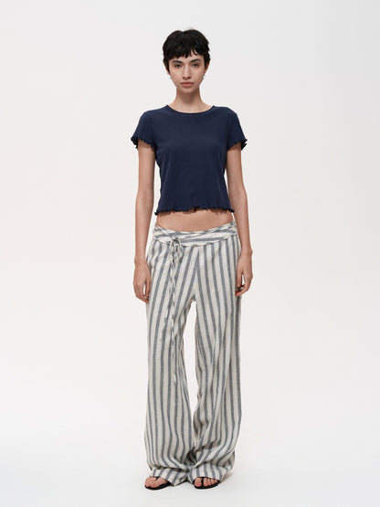 Northbutsouth Classic Striped Hemp Tencel Drawstring Waist Resort Trousers