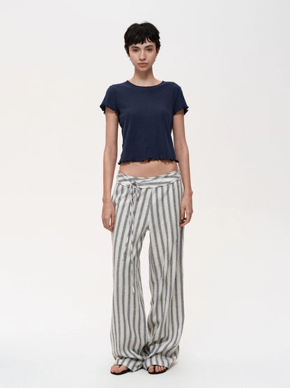 Classic Striped Hemp Tencel Drawstring Waist Resort Trousers