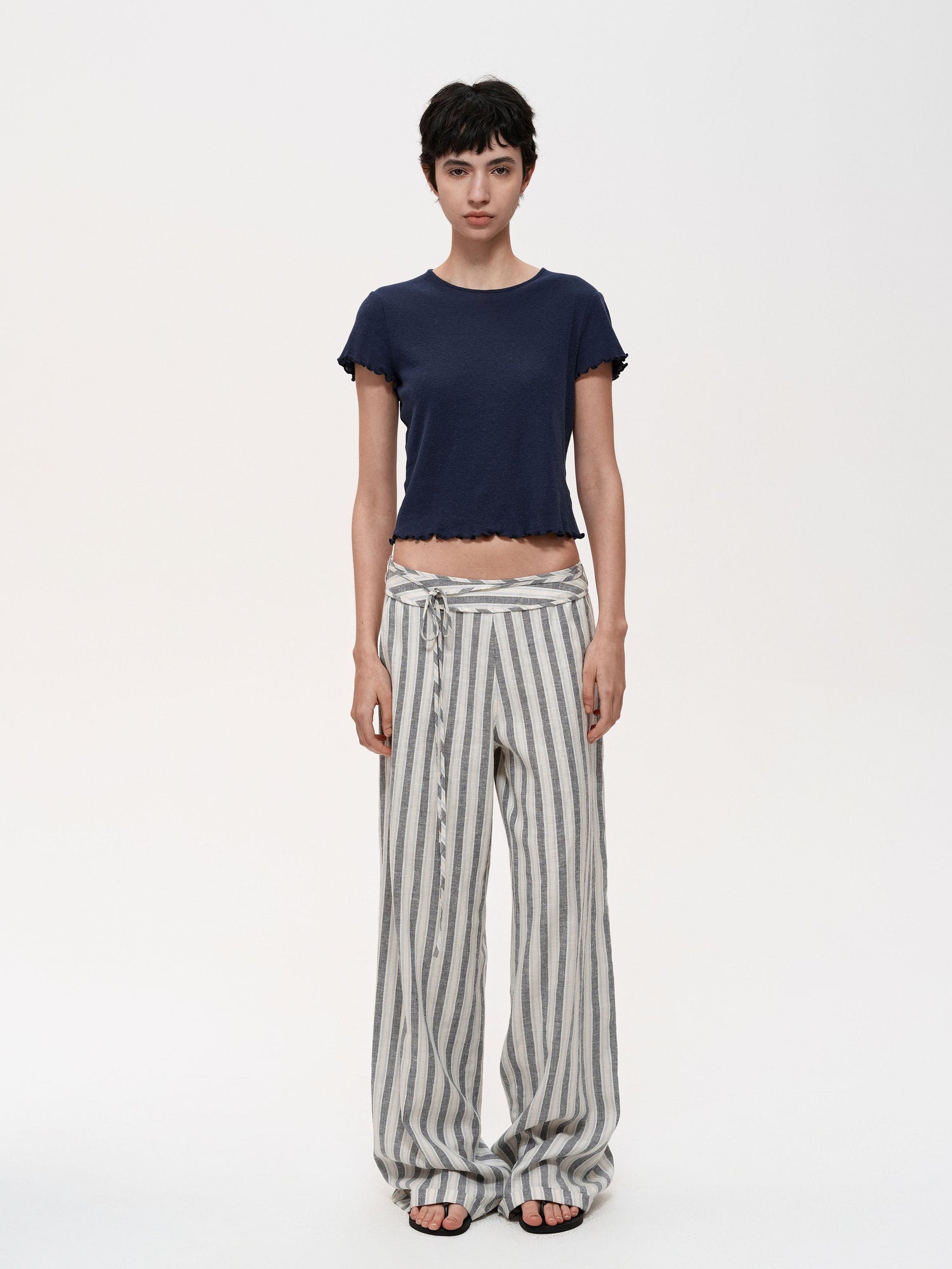 Northbutsouth Classic Striped Hemp Tencel Drawstring Waist Resort Trousers