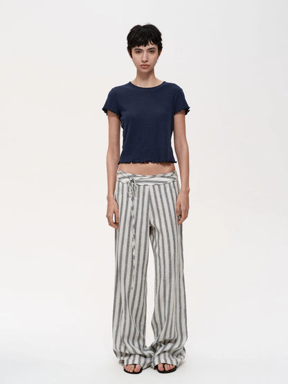 Classic Striped Hemp Tencel Drawstring Waist Resort Trousers