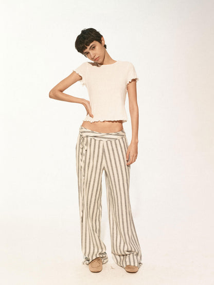 Northbutsouth Classic Striped Hemp Tencel Drawstring Waist Resort Trousers