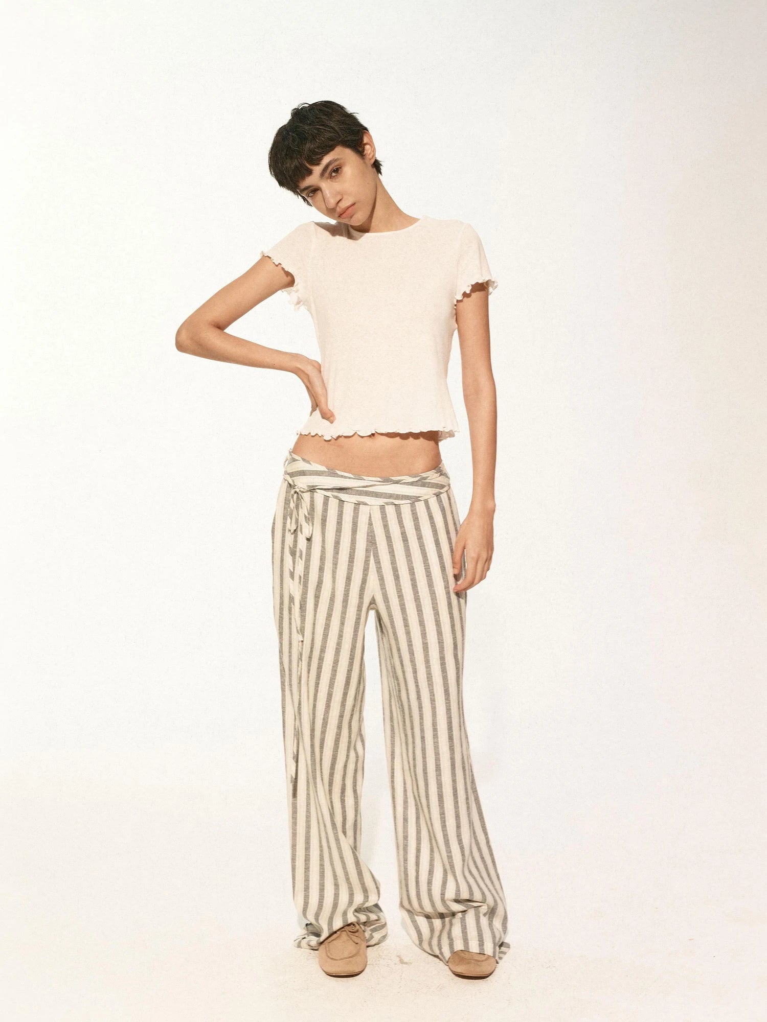 Classic Striped Hemp Tencel Drawstring Waist Resort Trousers