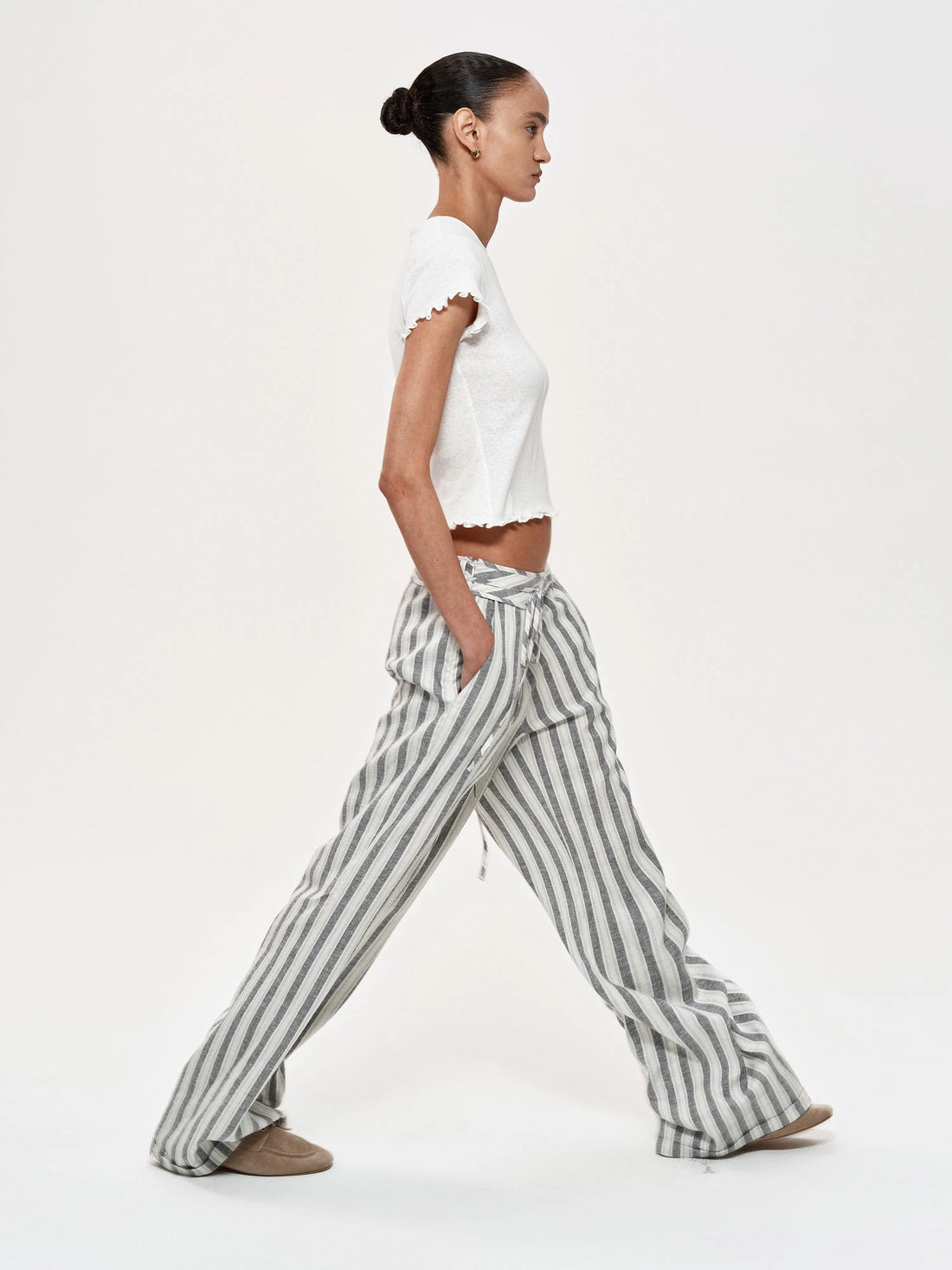 Classic Striped Hemp Tencel Drawstring Waist Resort Trousers