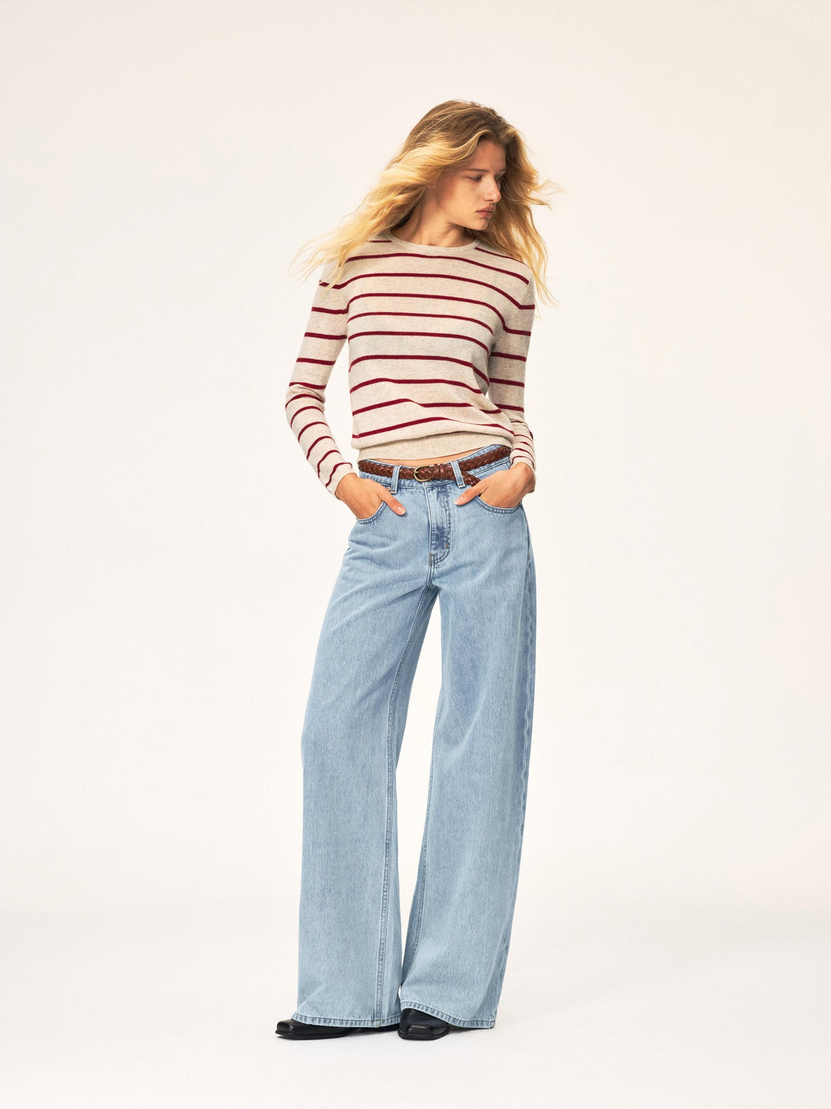 Northbutsouth Color Block Striped Crewneck Wool Cashmere Women&