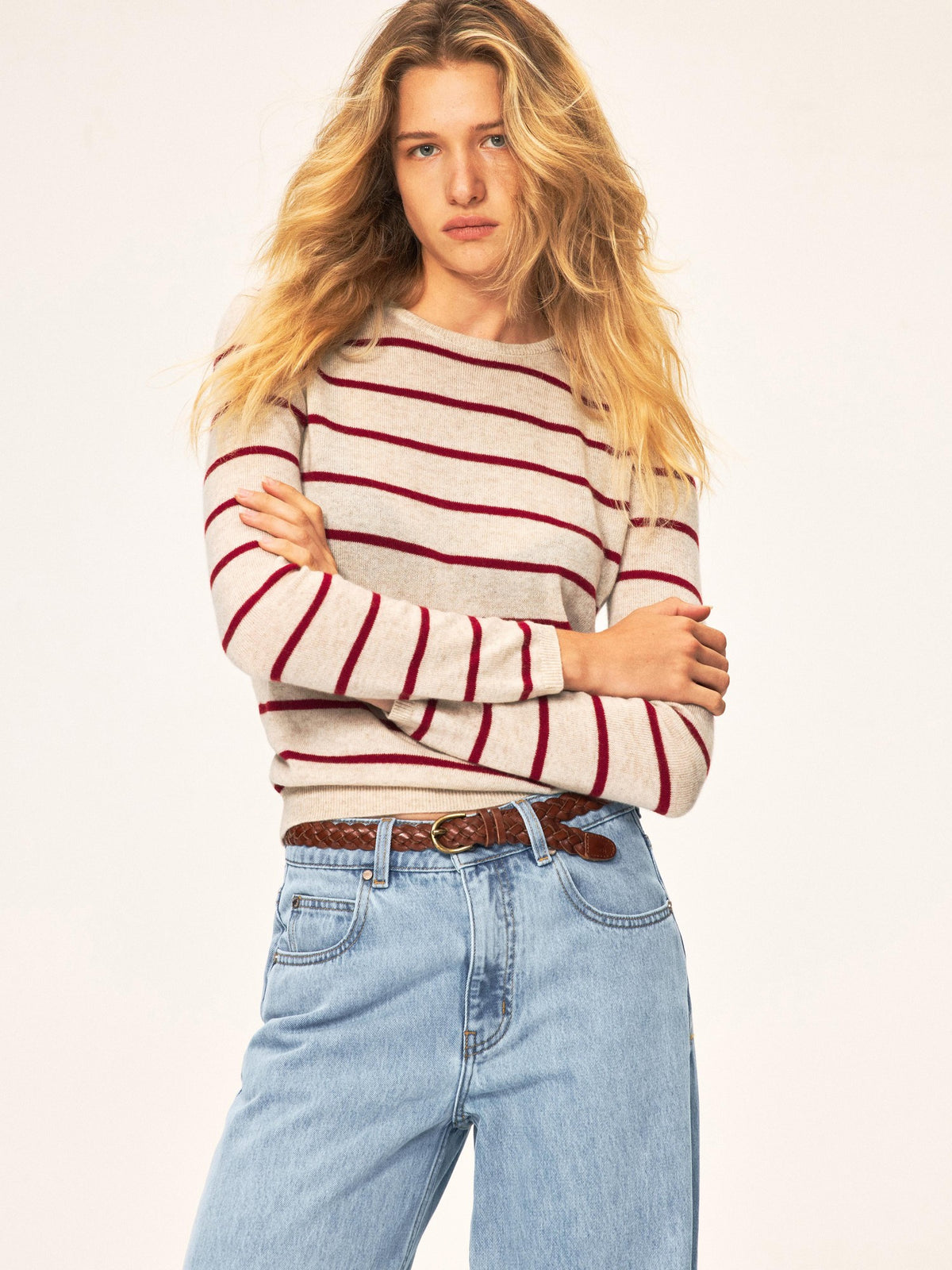 Northbutsouth Color Block Striped Crewneck Wool Cashmere Women&