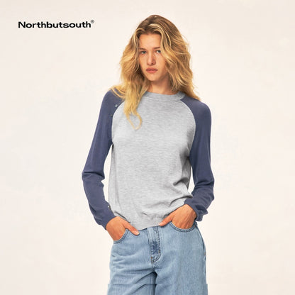 Northbutsouth_Colorblock_Asymmetric_Button_Round_Neck_Raglan_Sleeve_Loose_Knit_Women&