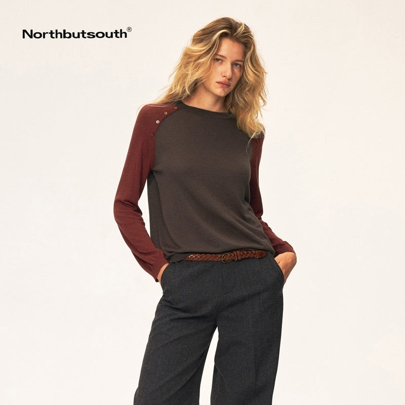 Northbutsouth_Colorblock_Asymmetric_Button_Round_Neck_Raglan_Sleeve_Loose_Knit_Women&