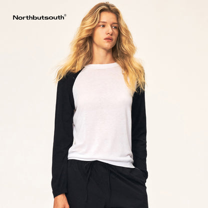 Northbutsouth_Colorblock_Asymmetric_Button_Round_Neck_Raglan_Sleeve_Loose_Knit_Women&