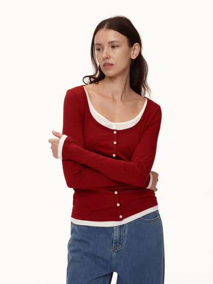 Northbutsouth Colorblock Faux Layered U Neck Women&