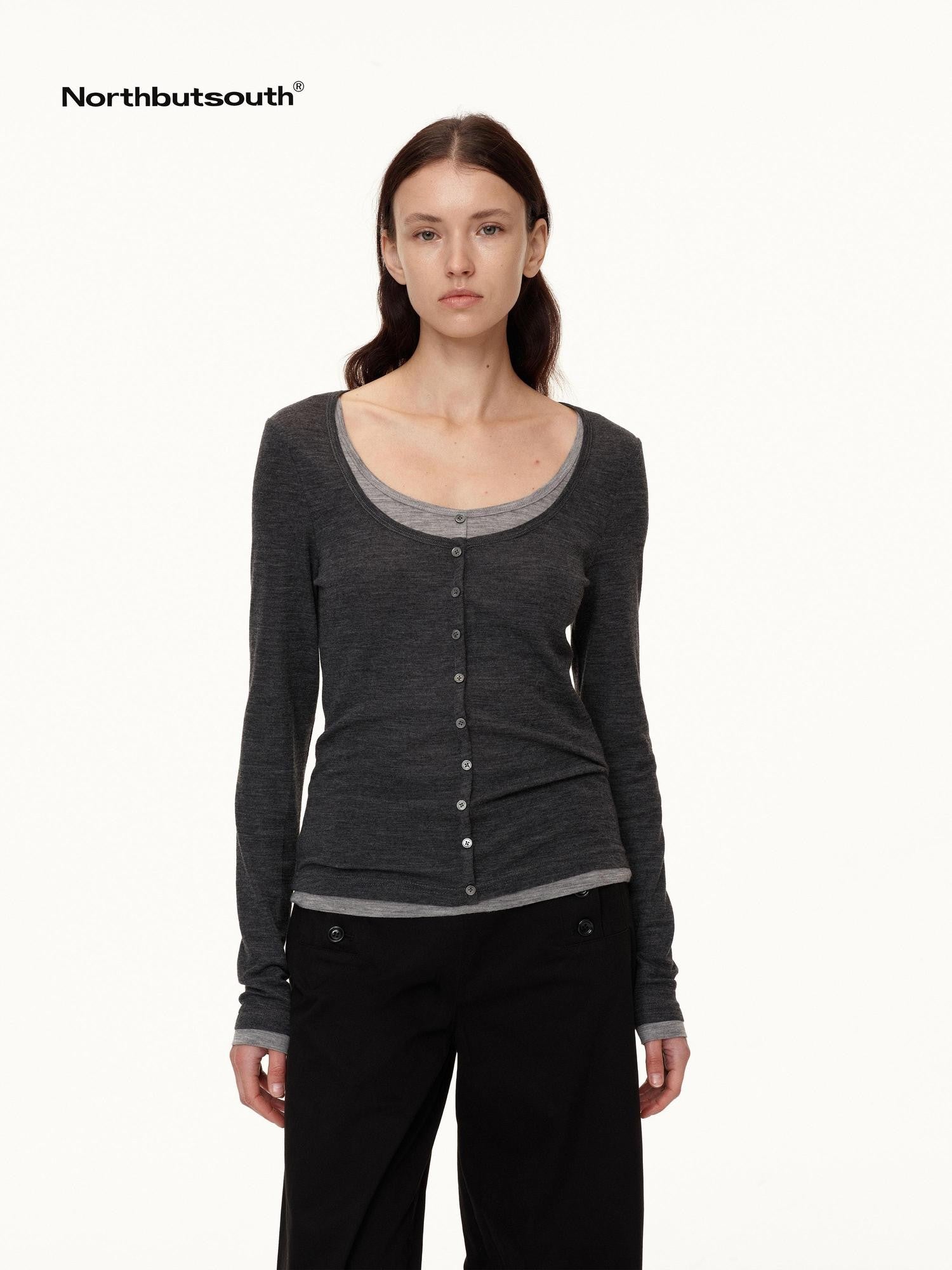 Northbutsouth Colorblock Faux Layered U Neck Women&