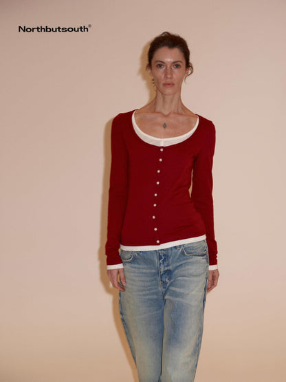 Northbutsouth Colorblock Faux Layered U Neck Women&