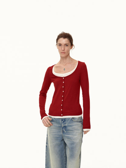 Northbutsouth Colorblock Faux Layered U Neck Women&