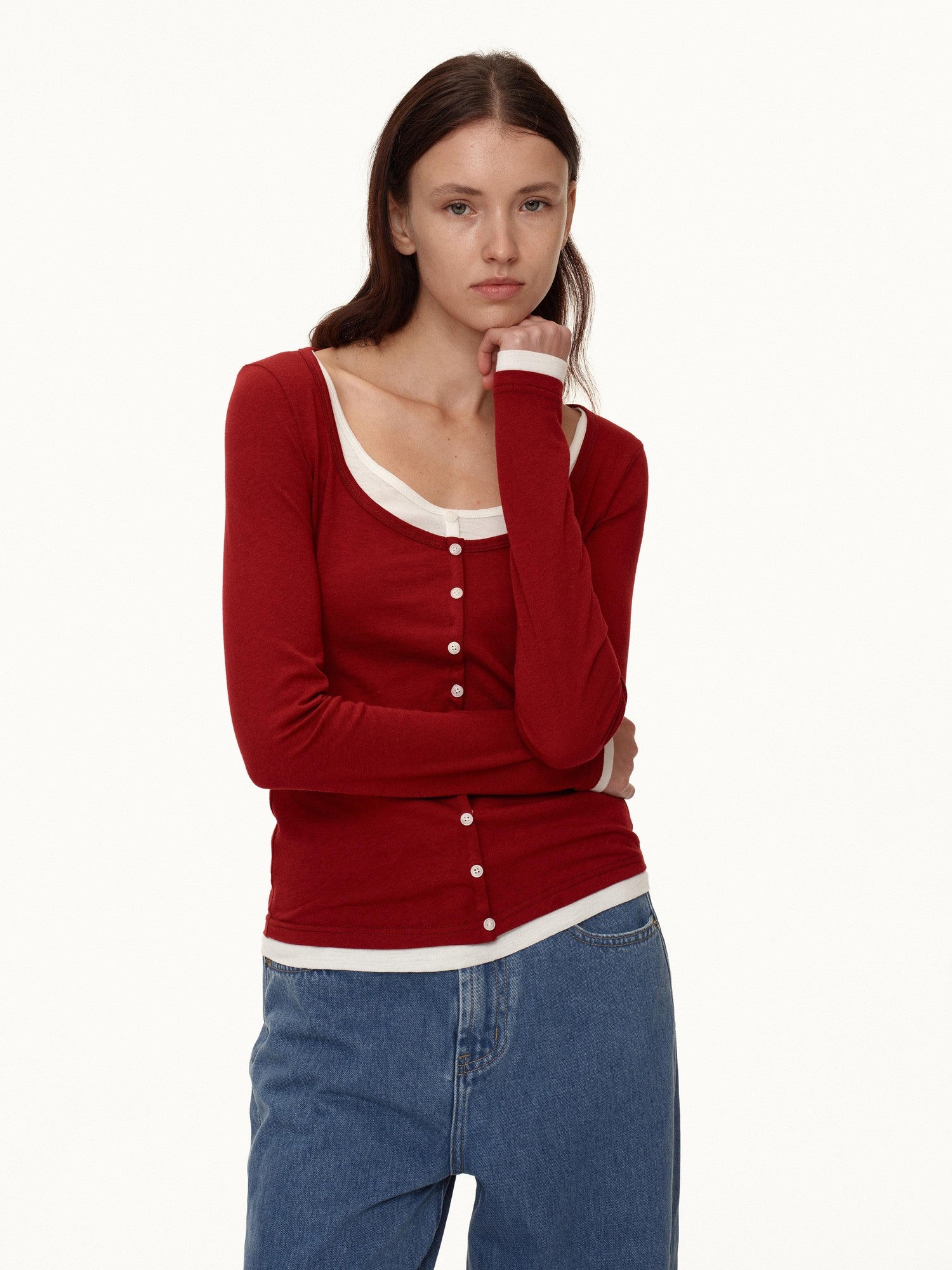 Northbutsouth Colorblock Faux Layered U Neck Women&