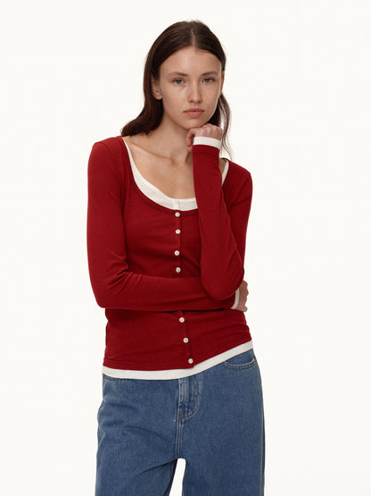 Northbutsouth Colorblock Faux Layered U Neck Women&